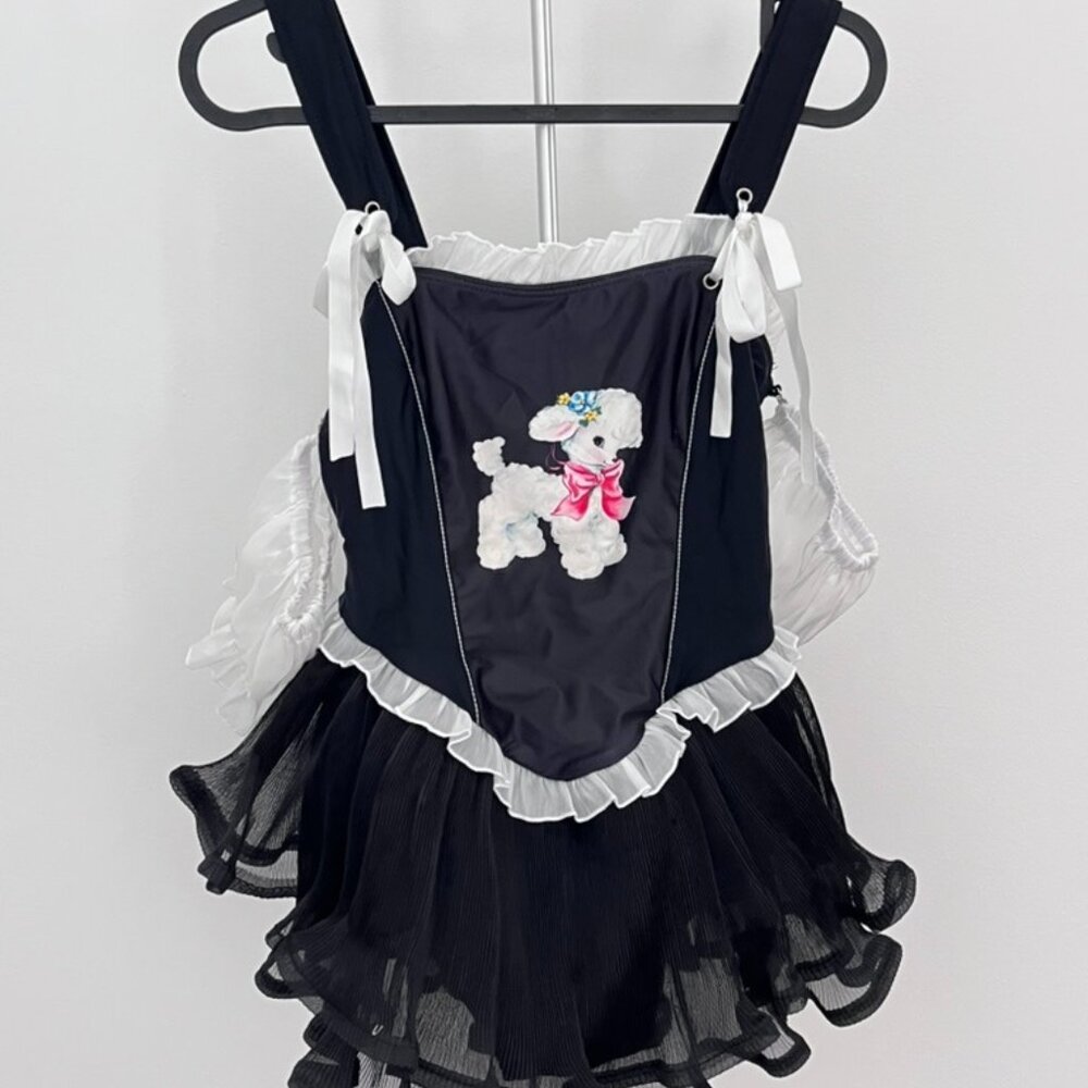Vintage Lamb Print Puff Sleeves Black Swimsuit
